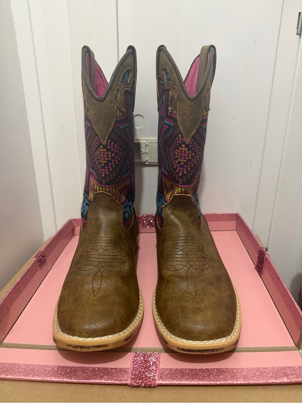Western Brown Leather Cowboy Boots with Pink & Multicolor Shaft